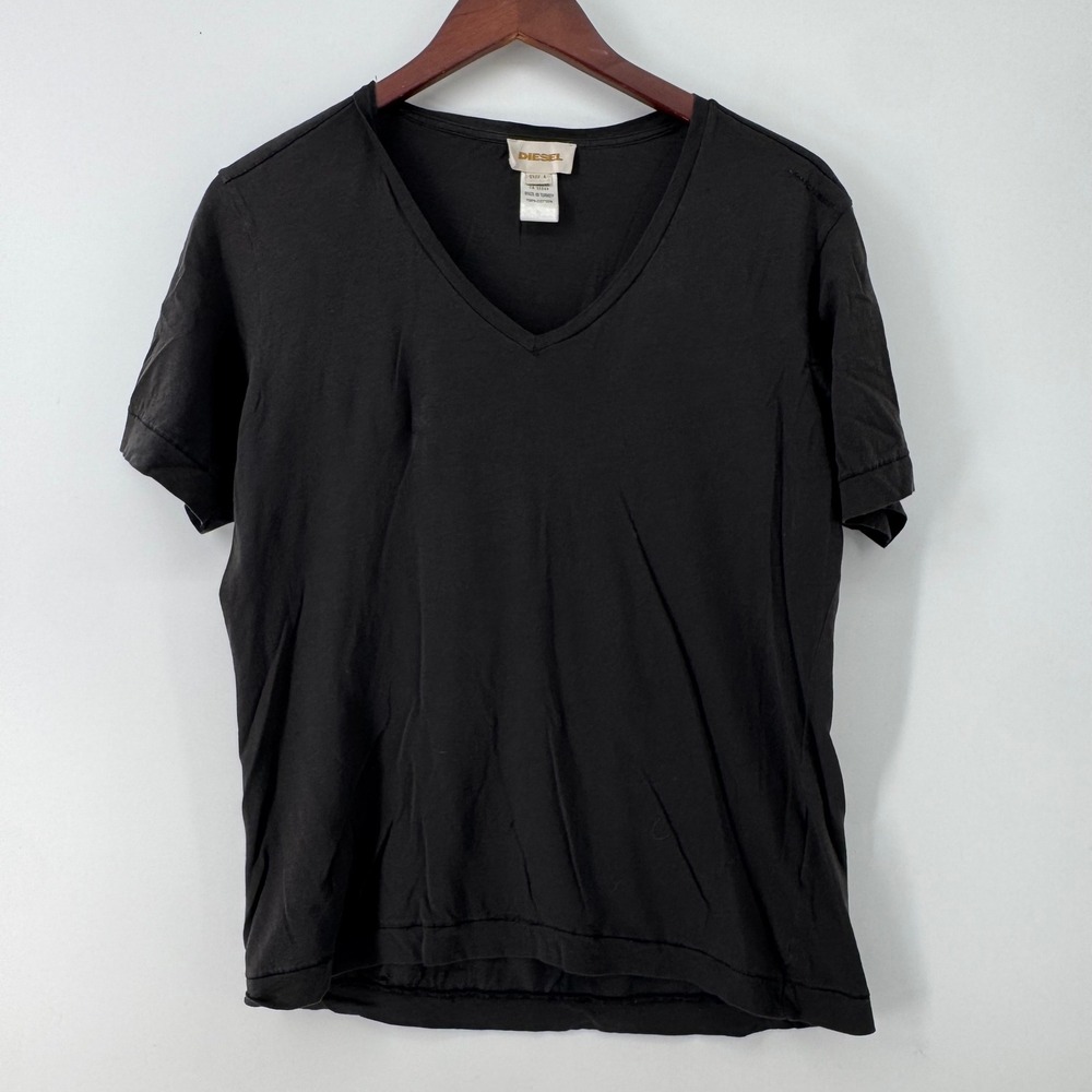 Diesel Mens V-Neck T-Shirt Faded Black Distressed Cotton Shoulder Logo Size L